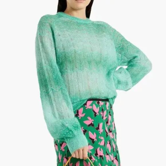 Diane Von Furstenberg  Jandina Metallic Dégradé Crochet Knit Sweater Jade XS DVF - Picture 1 of 7
